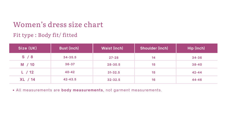 Size chart for Daisy Fit & Flare Khadi Short Dress