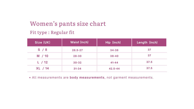 Size chart for Orchid Khadi Tailored Pants