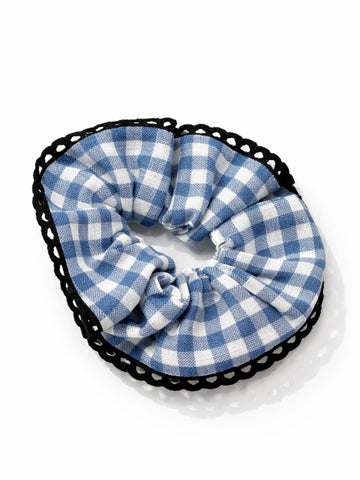 Cotton Gingham Check Scrunchie with Lace Trim