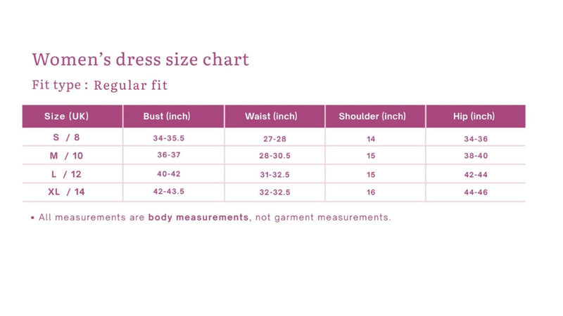 Size chart for ROOV Women's Schiffli Mini Dress with Pure Cotton Lining