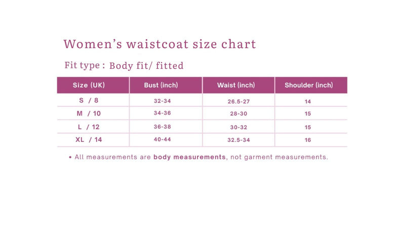 Size chart for ROOV Women's Schiffli Cotton Waistcoat with Back Tie-Up Detail