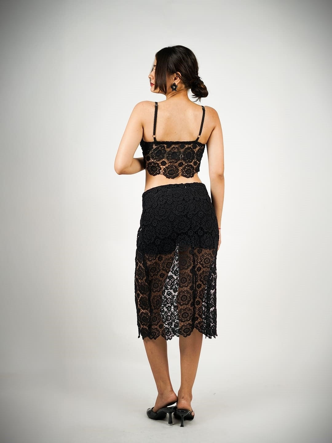 black sheer floral lace midi skirt, back view