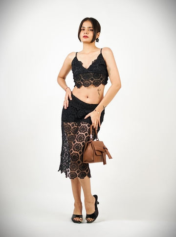 black sheer floral lace midi skirt, front view