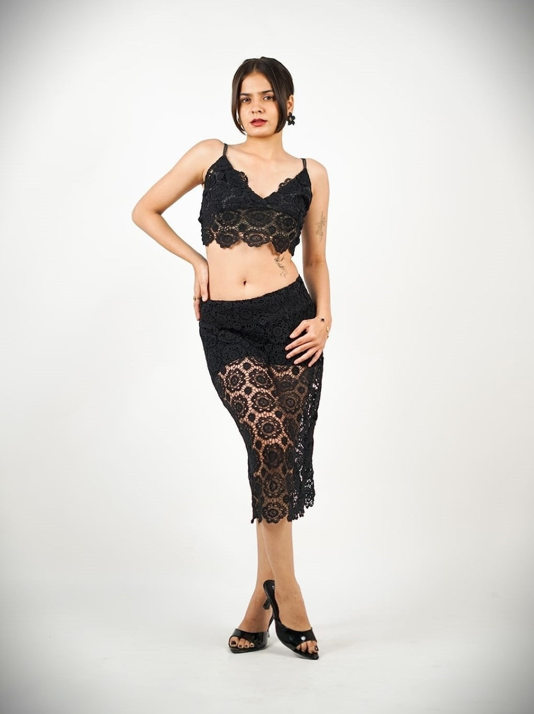 black sheer floral lace midi skirt, full model view