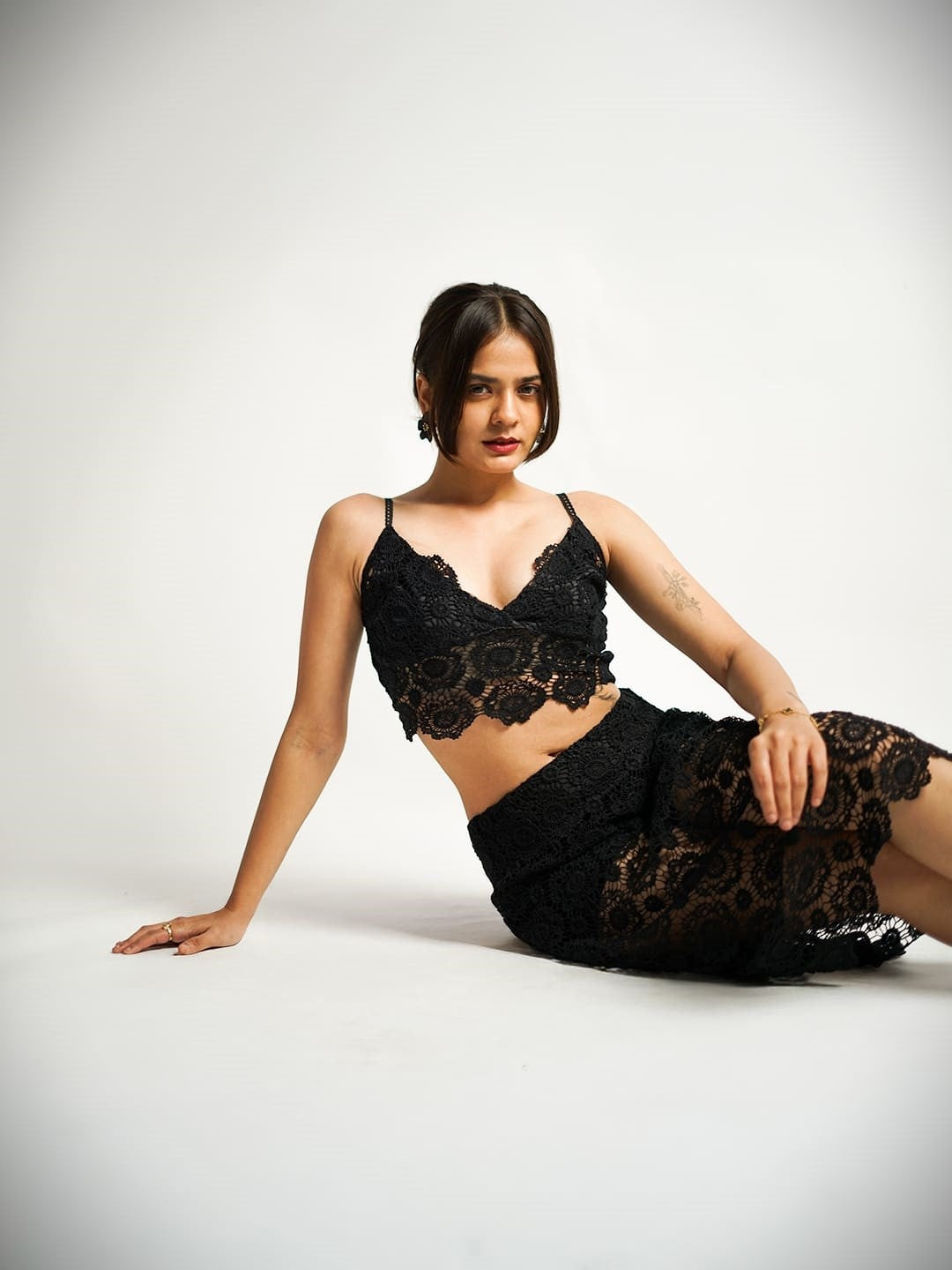 black sheer floral lace midi skirt, lifestyle view