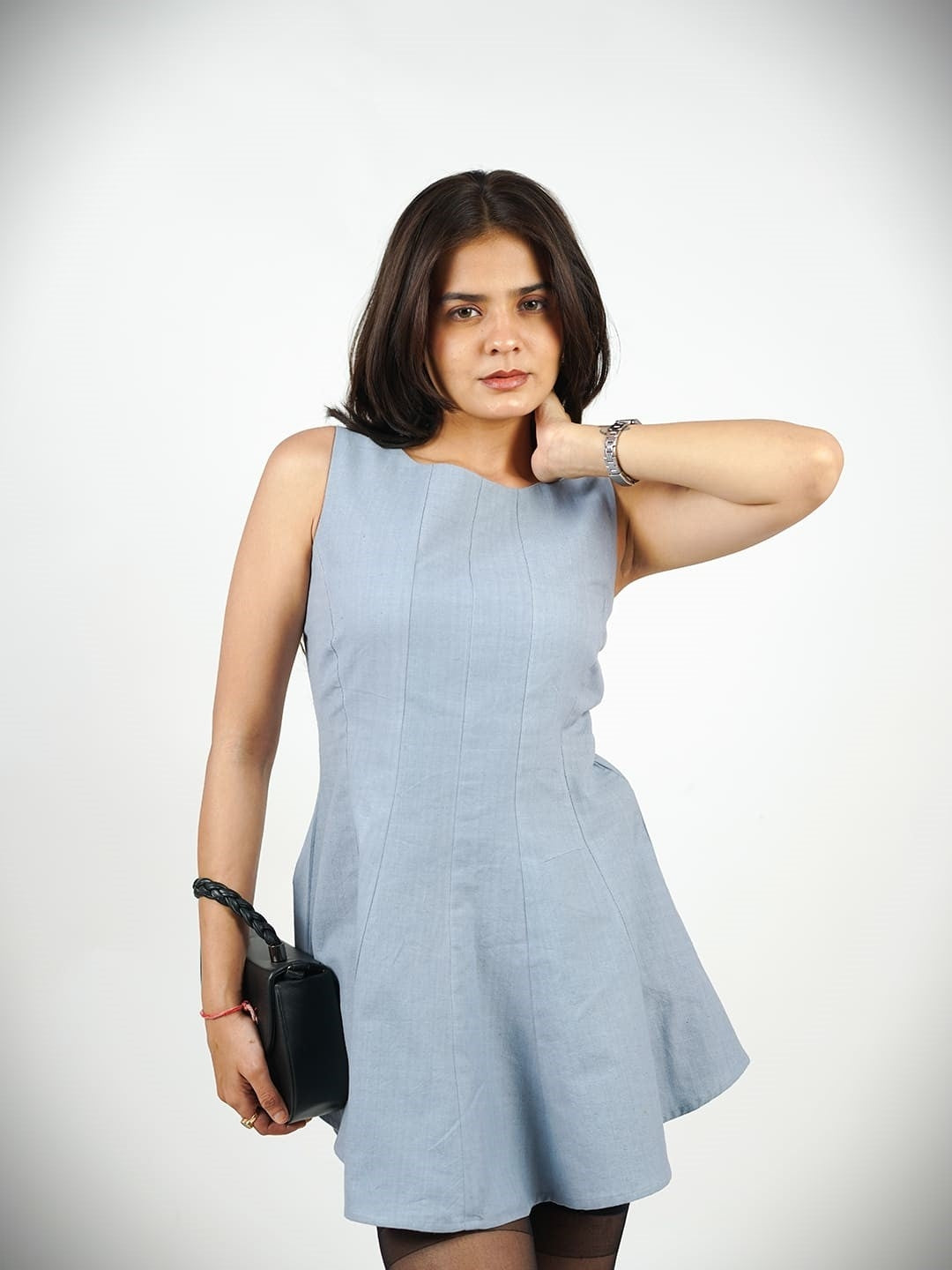 fit & flare khadi short dress grey front2