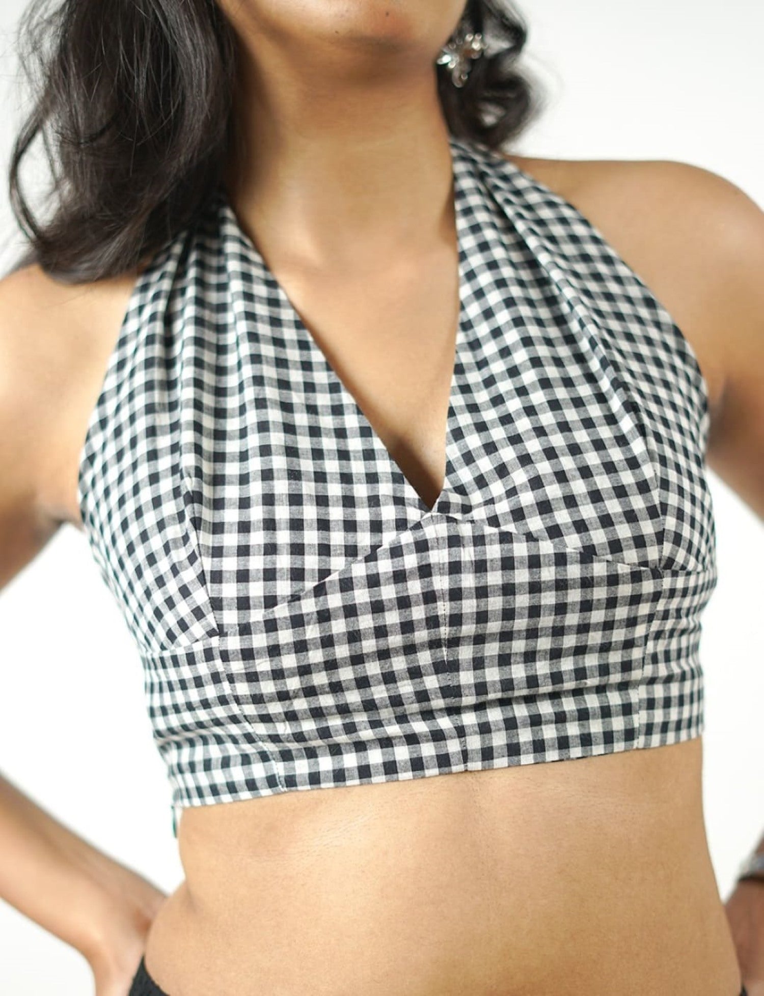 halter neck tie up khadi crop top black small checks closeup view