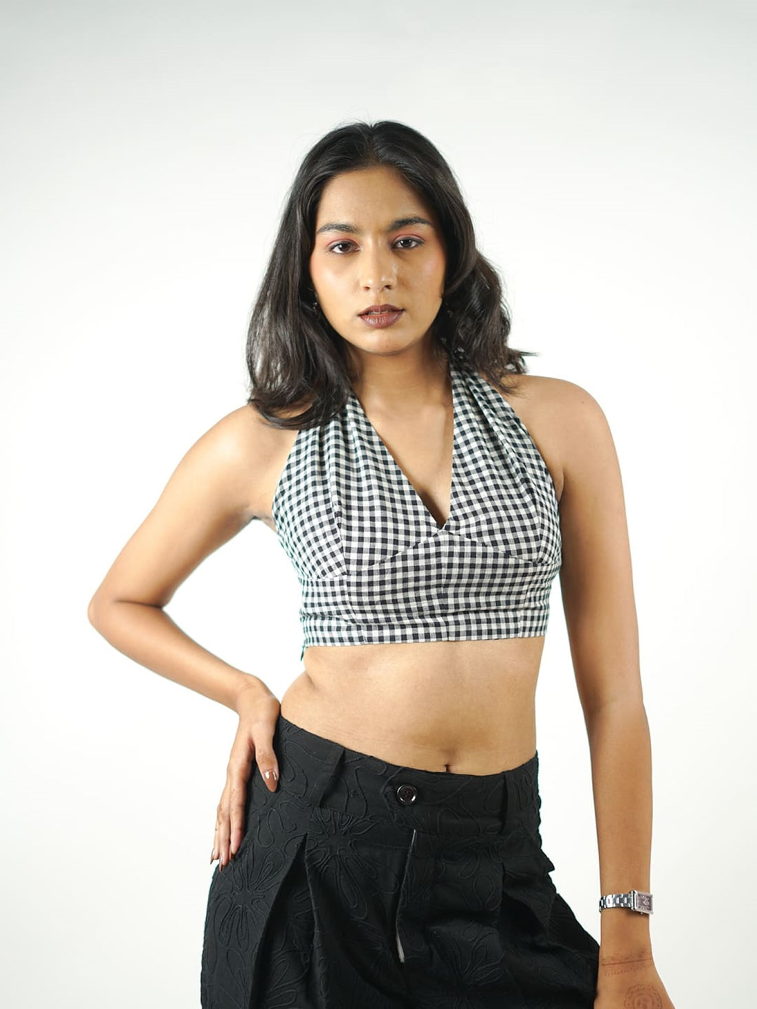 halter neck tie up khadi crop top black small checks front view