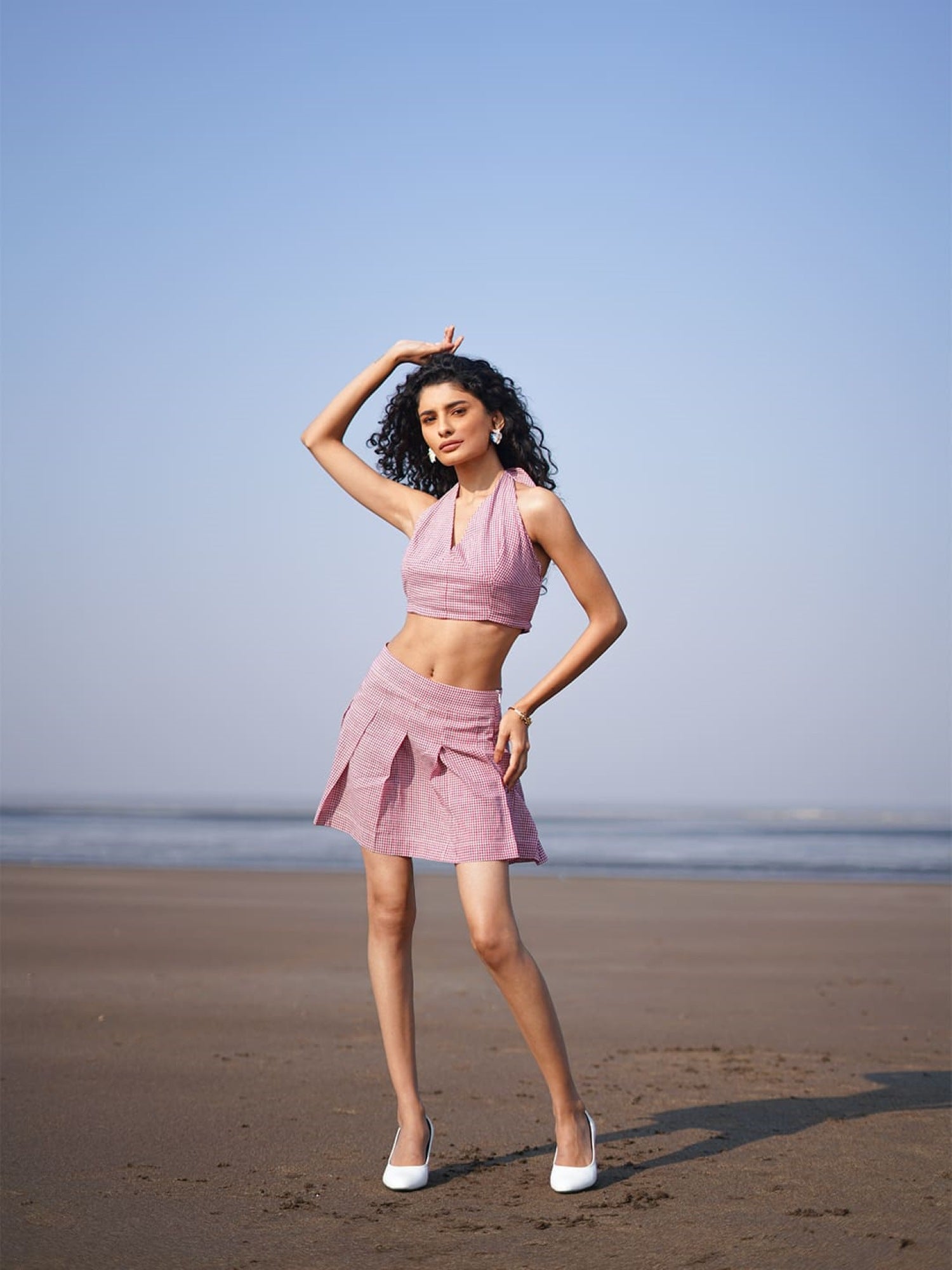 khadi knife pleated a line mini skirt maroon lifestyle view