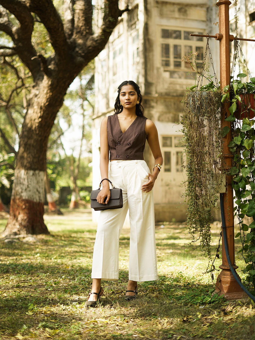 linen blend wide leg pleated pants cream full view
