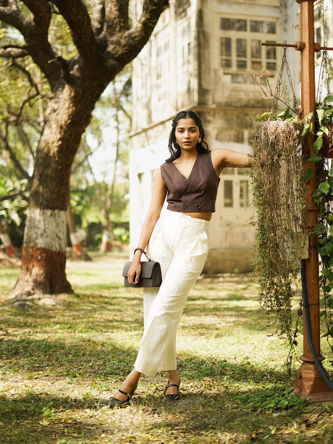 linen blend wide leg pleated pants cream full view2