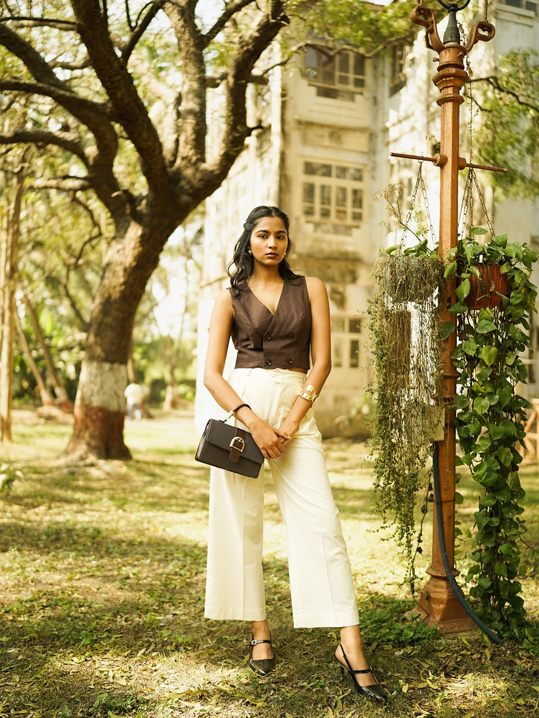 linen blend wide leg pleated pants cream full view3