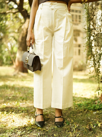 linen blend wide leg pleated pants cream front