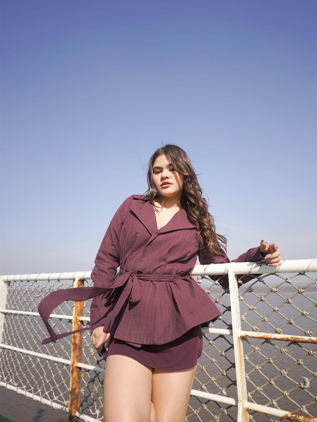 oversized tie up khadi blazer burgundy front 2