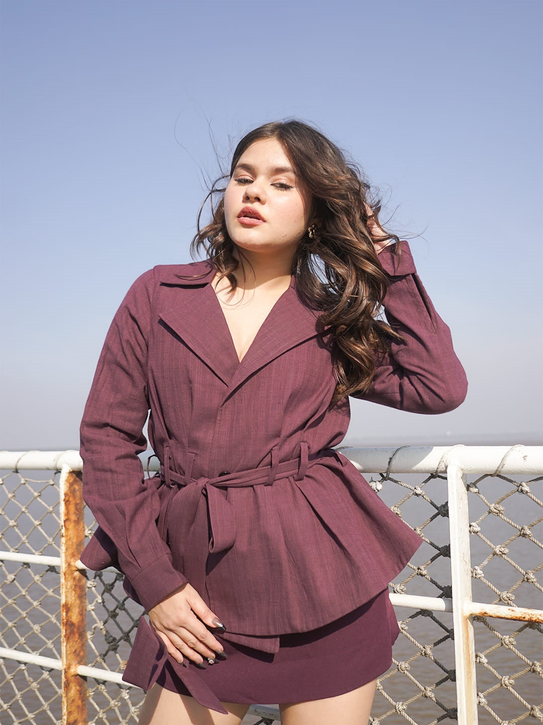 oversized tie up khadi blazer burgundy front