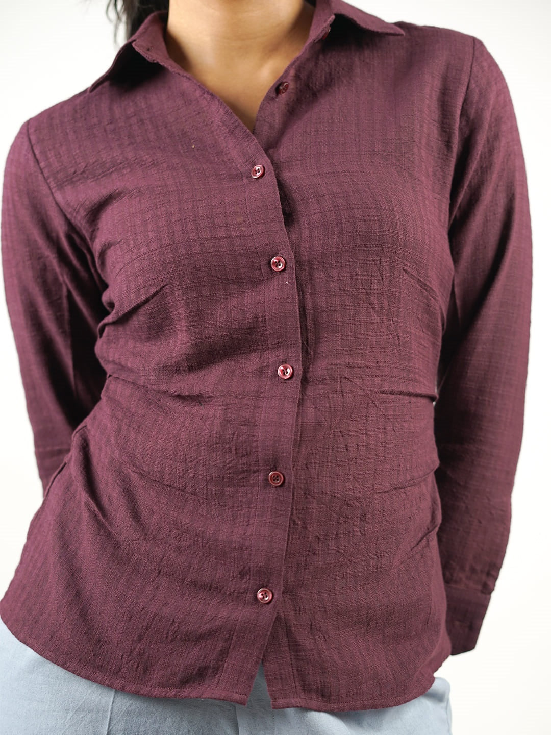 self check textured khadi shirt burgundy closeup
