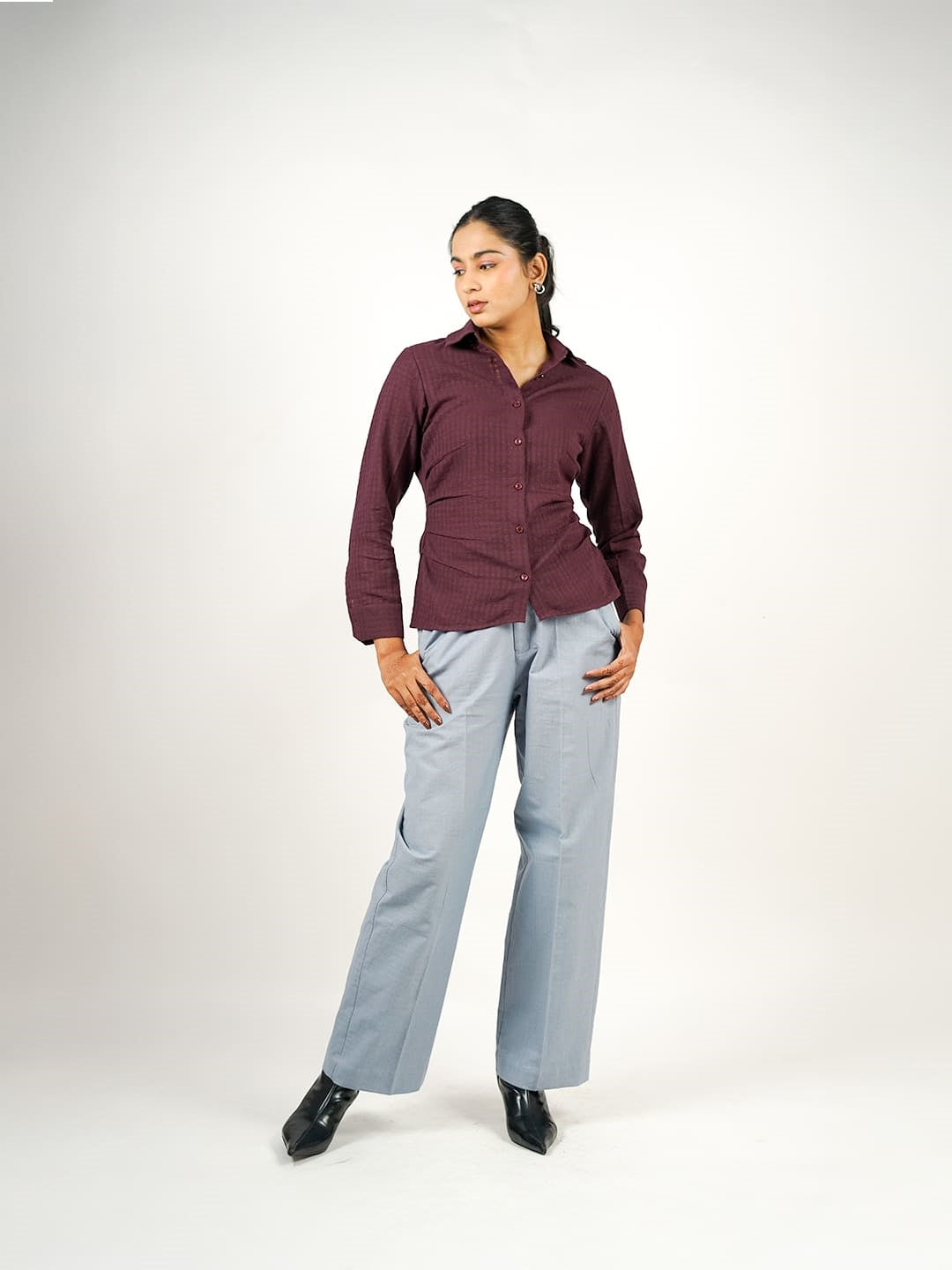 self check textured khadi shirt burgundy full