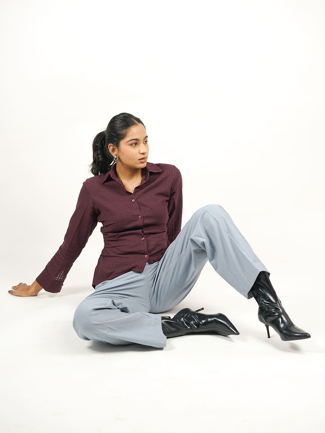 self check textured khadi shirt burgundy full2