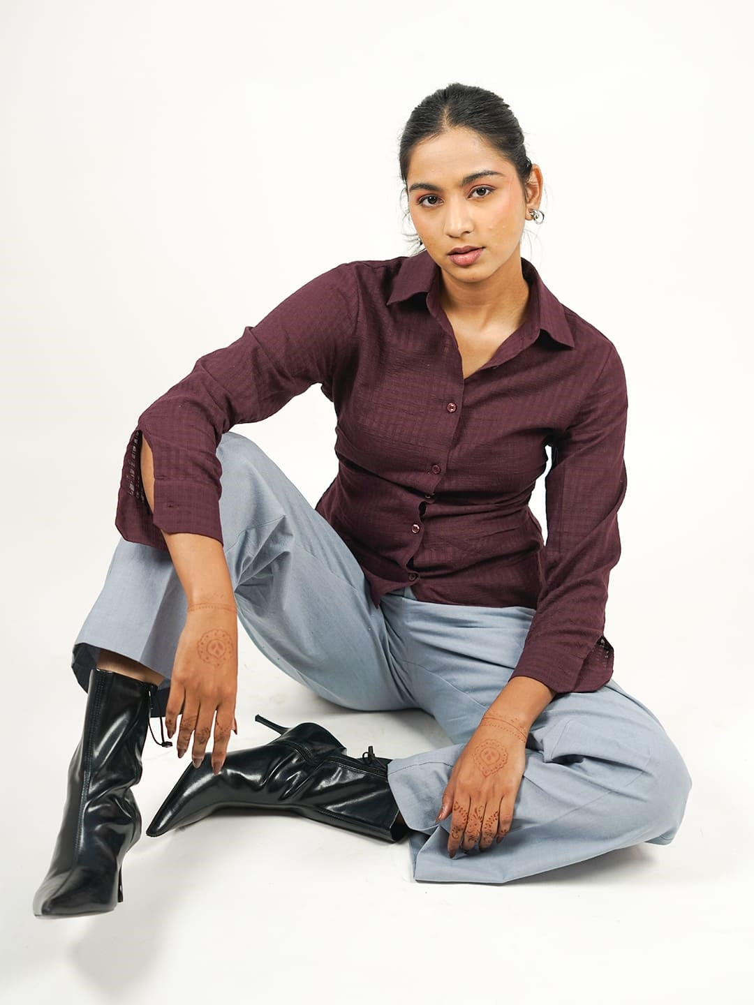 self check textured khadi shirt burgundy full3