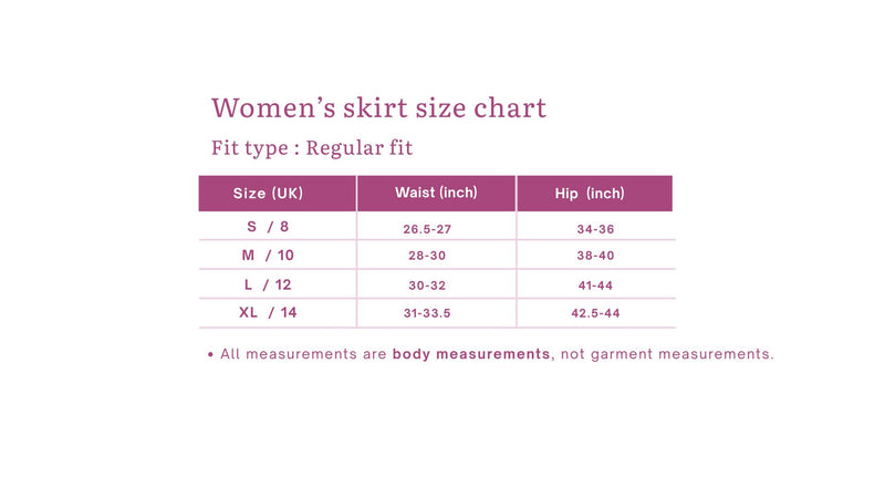 Size chart for Iris Black Sheer Floral Lace Midi Skirt