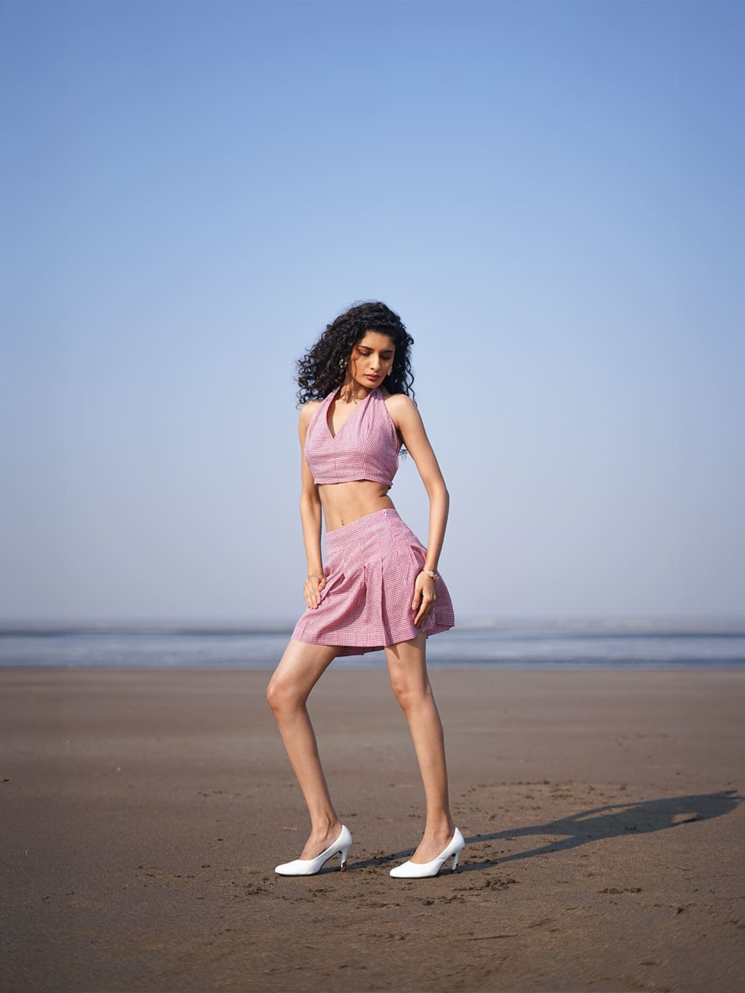 halter neck tie up khadi crop top maroon lifestyle view