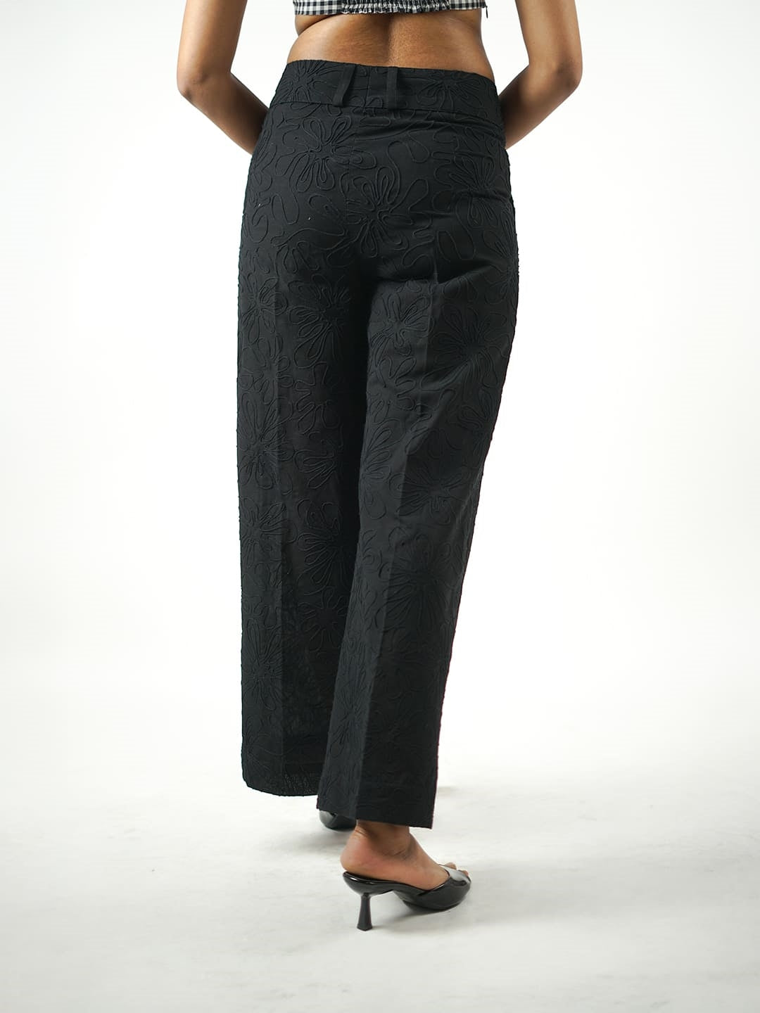 wide leg embroidered khadi pants black back