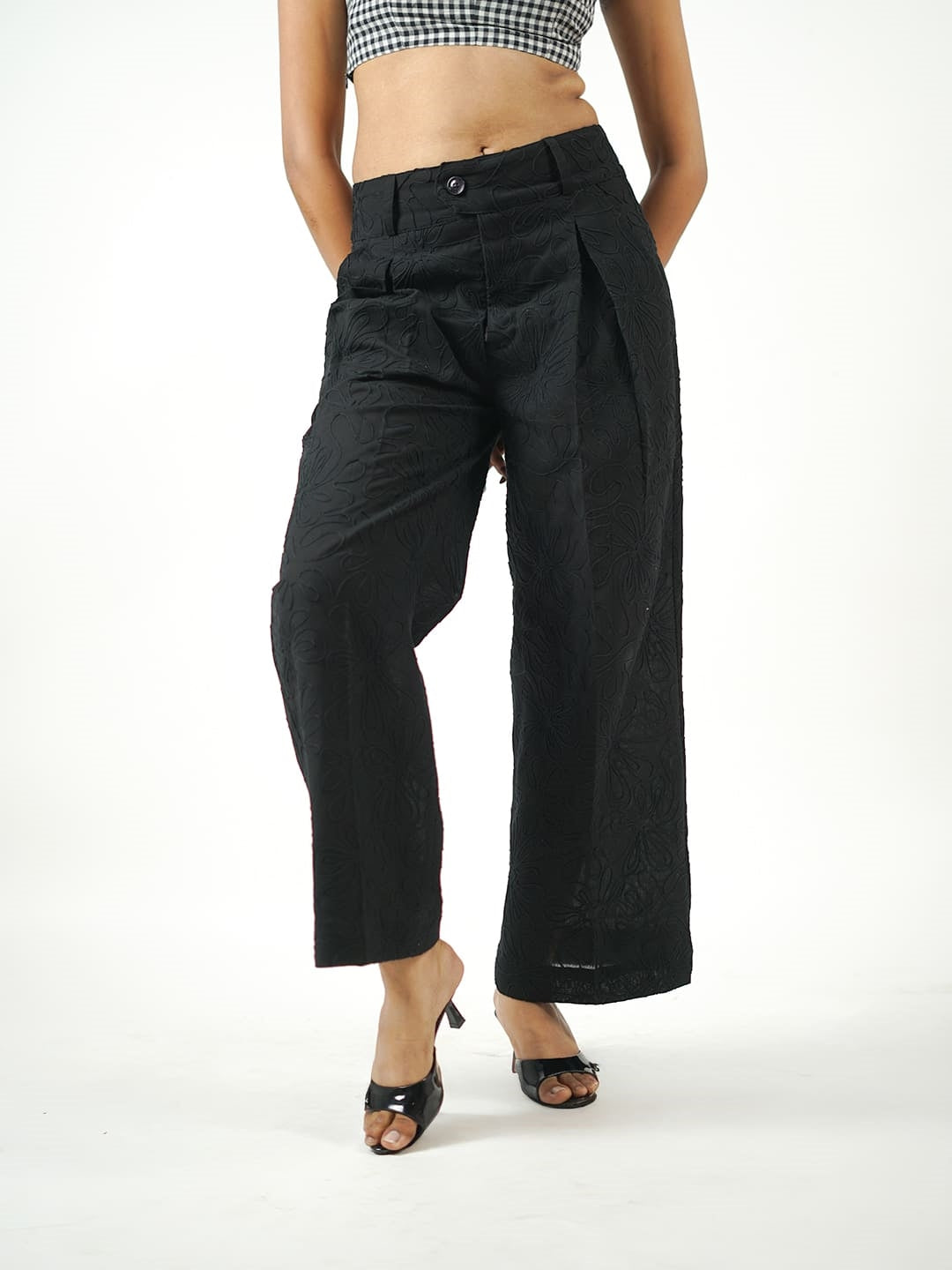 wide leg embroidered khadi pants black front