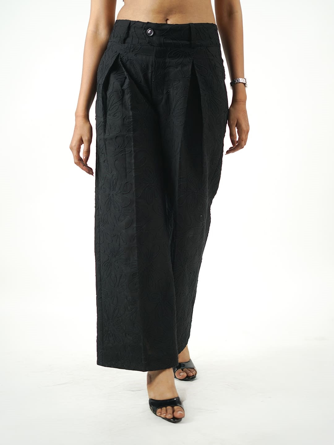wide leg embroidered khadi pants black front