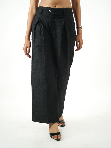 wide leg embroidered khadi pants black front
