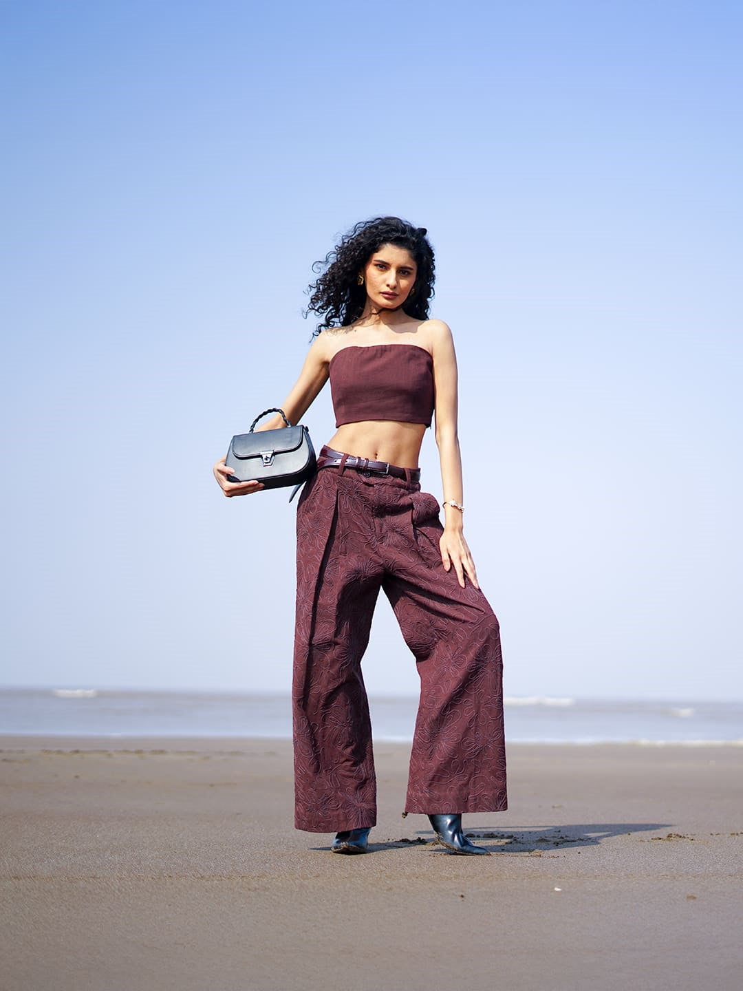 wide leg embroidered khadi pants brown front