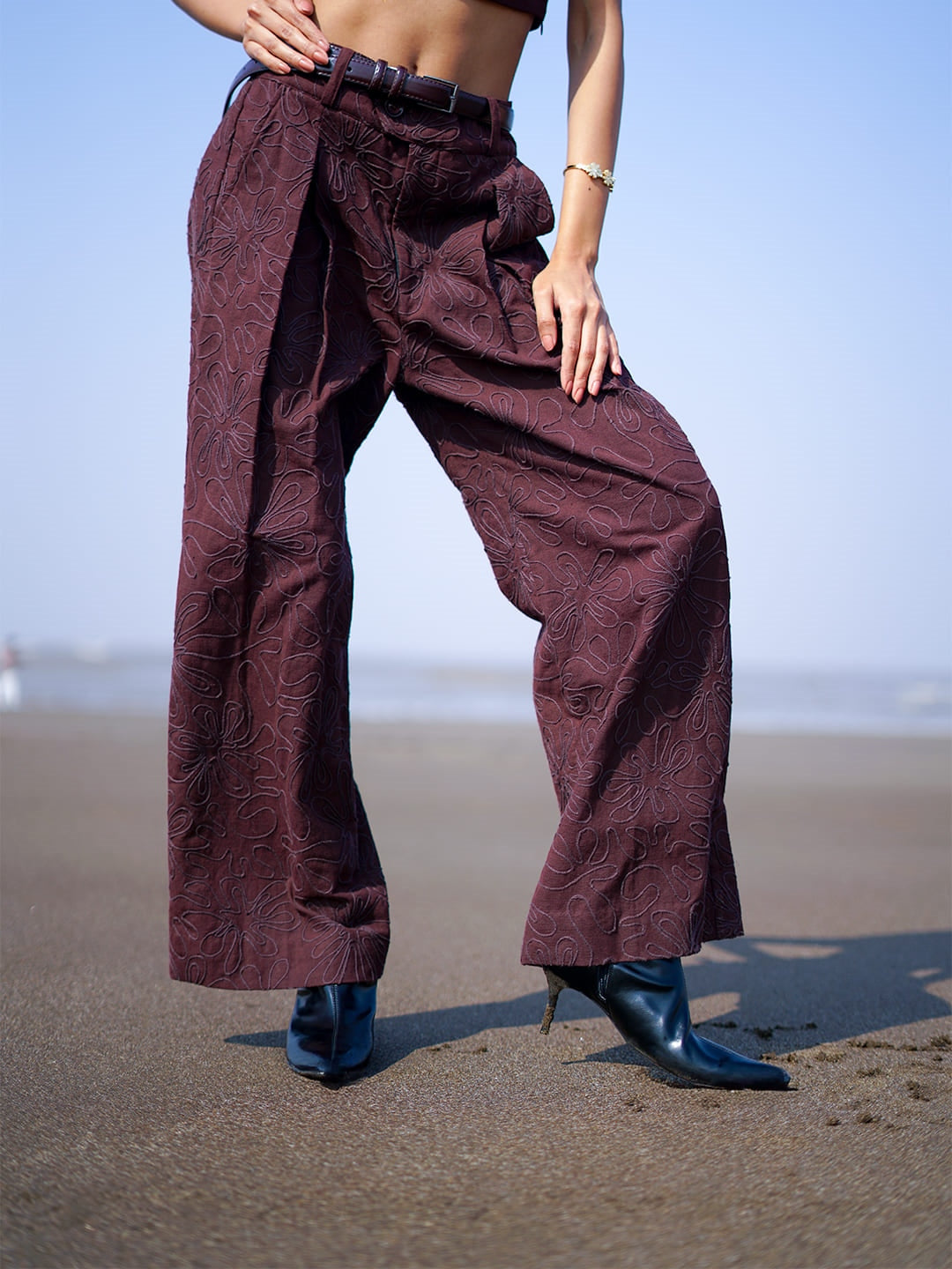 wide leg embroidered khadi pants brown front2