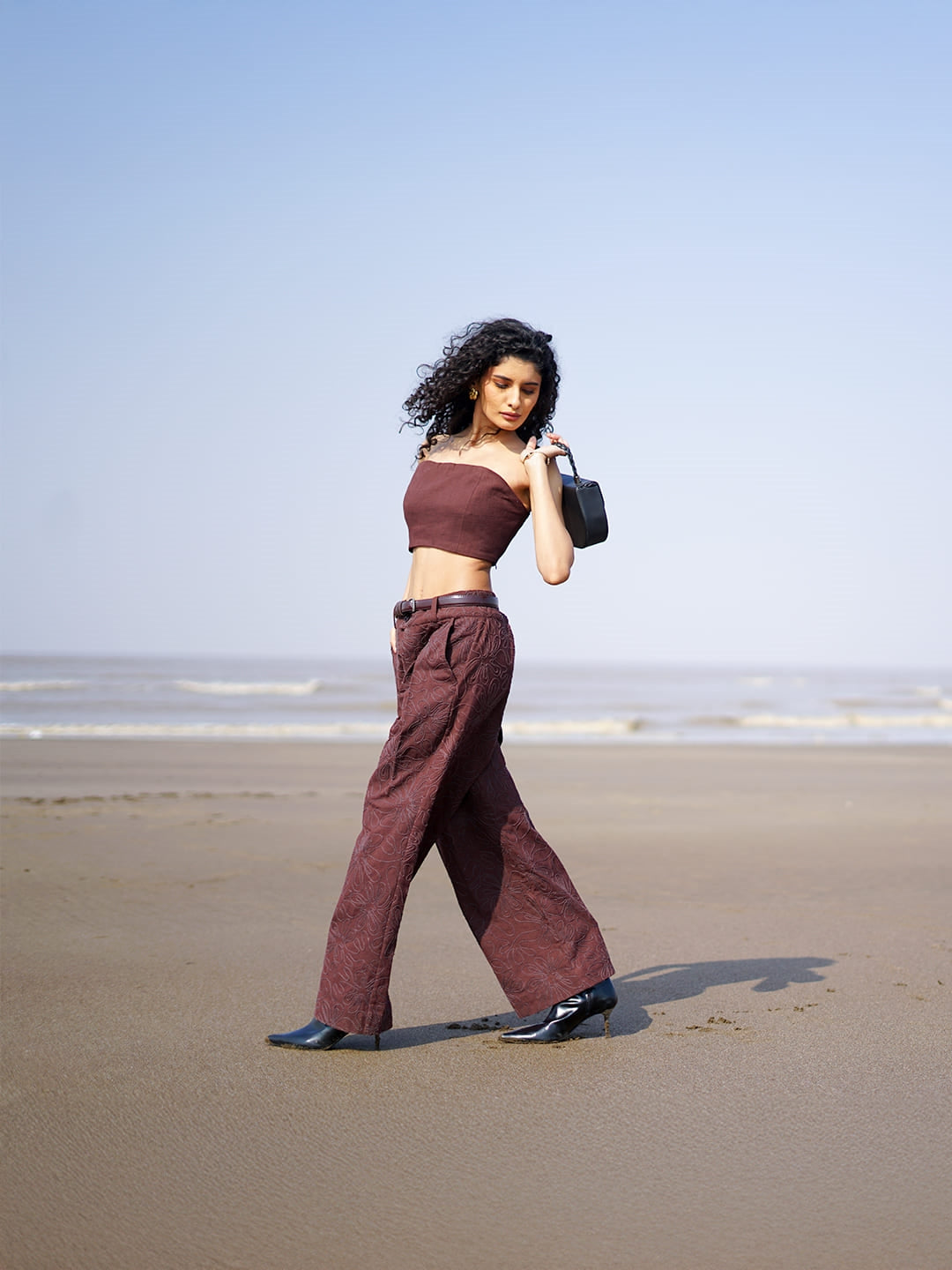 wide leg embroidered khadi pants brown full