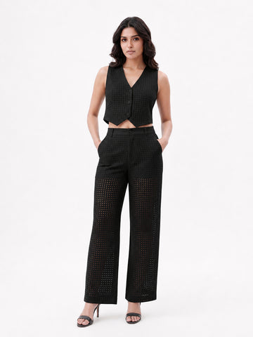 ROOV Women Black Schiffli Mid-Rise Cotton Trousers – Regular Fit